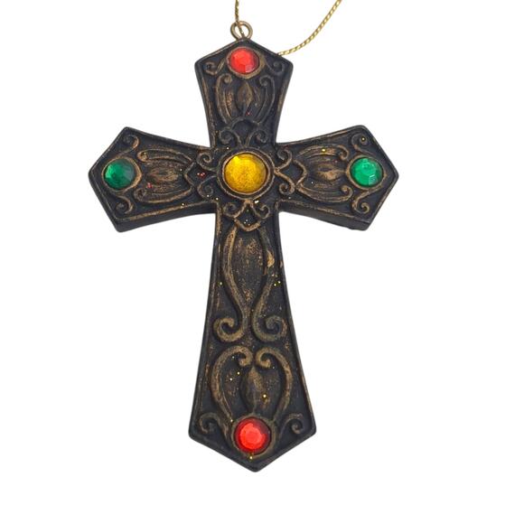 Lot of 3 VTG Antiqued Gold Tone Cross Jeweled Christmas Ornament 3.5" b - Picture 2 of 7